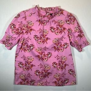 J Crew Drapery-Ruffle Neckline Smocked Puff Short Sleeve Pink Floral Top Blouse